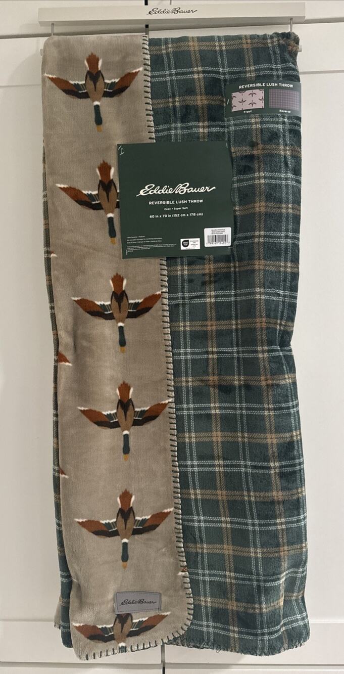 Eddie Bauer MALLARD DUCK Reversible Green PLAID Lush Plush Throw Blanket Ducks